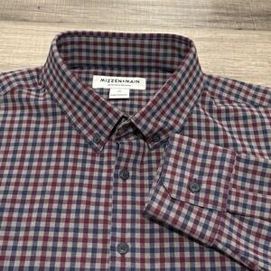 Mizzen+Main Shirt Men XL Red / Blue Plaid Flannel Trim Fit Performance Stretch